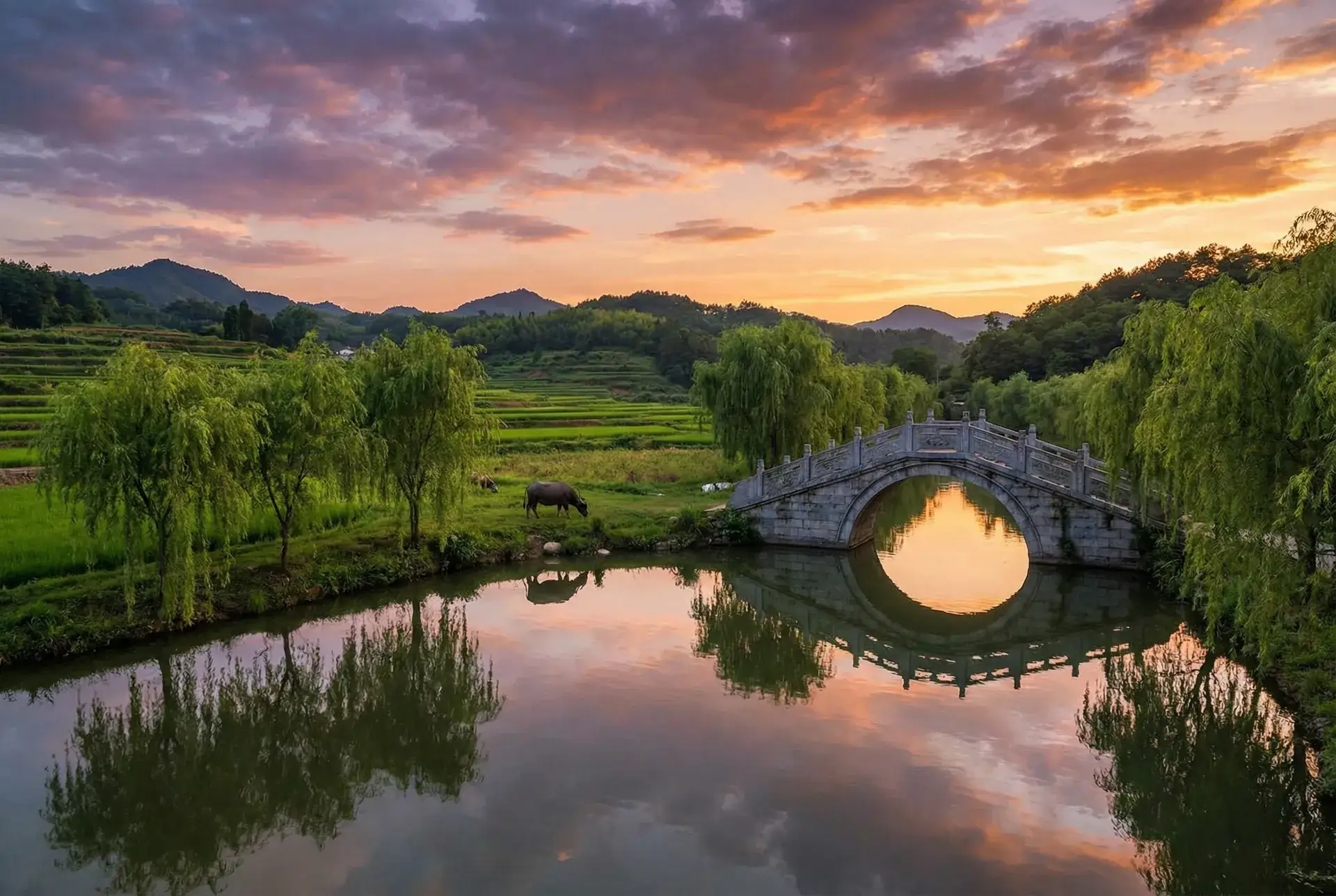 夕阳下的石拱桥与垂柳，水牛在河边吃草 - 玉蒲团快播 乡村美景